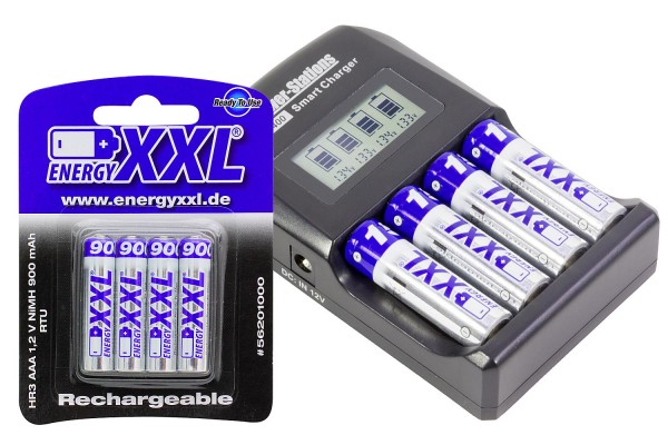 XciteRC Ladegerät für AA/AAA/9V-Akkus inkl. energyXXL Micro Akkus 900 mAh RTU TYP AAA 1,2V 4 Stück